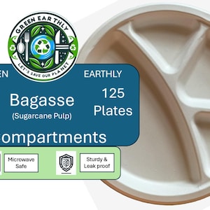 May include: A beige, 12-inch, 4-compartment bagasse plate made from sugarcane pulp. The image includes text indicating the plates are microwave safe, sturdy, and leak-proof. The package contains 125 plates.