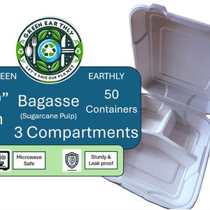 Op de afbeelding: Witte bagasse voedselcontainers met drie compartimenten, 22,86 cm x 22,86 cm, magnetronbestendig en lekvrij. De verpakking is gemaakt van suikerrietpulp en bevat de tekst "Green Earthly".
