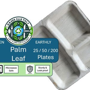 GREEN EARTHLY 9&quot; Square Palm Leaf Compartmental Dinner Plates, Sturdy, Biodegradable, Eco-Friendly, Microwave  Safe, Disposable, Compostable