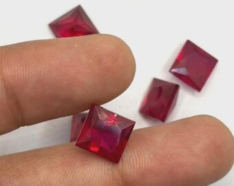Natural Certified 50 Ct+ Red Ruby Princess Cut loose Gemstone 5 Piece LOT