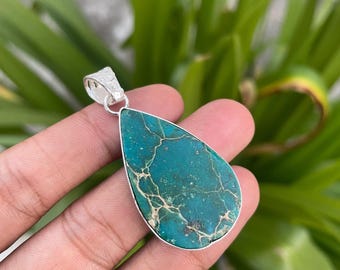 45.1 Ct Natural Turquoise Green Color PEAR CUT 925 Solid Silver Pendant Gemstone Beautiful!