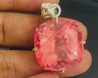 Natural 50 Ct Padparadscha Sapphire Cushion Shape Gemstone 925 Solid Silver Pendant