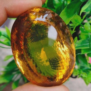 Puede incluir: Una gema facetada de forma ovalada con un cálido tono amarillo dorado. La superficie de la gema refleja la luz, creando un patrón similar a un mosaico. La gema se sostiene entre los dedos, con follaje verde en el fondo.