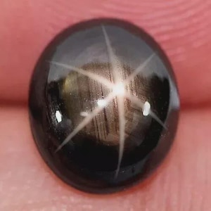 以下が含まれることがあります： 中央から放射状に広がる六条の星模様が特徴的な、磨かれた楕円形の黒い宝石。星は、石の暗く反射する表面に対して明るく白い外観をしています。宝石は滑らかです。