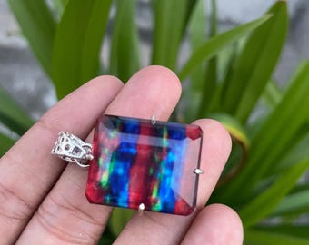 65 Ct Natural Ammolite 925 Solid Silver Certified Pendant Emerald Cut  Loose Gemstone for Making jewellery
