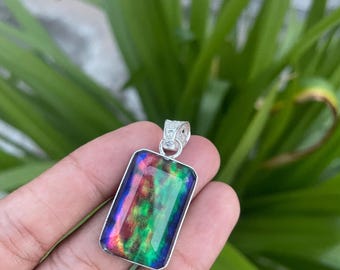 54.6 Ct Natural Ammolite 925 Solid Silver Certified Pendant Emerald Cut  Loose Gemstone for Making jewellery