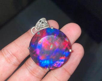 80 Ct Natural Ammolite 925 Solid Silver Certified Pendant ROUND Cut  Loose Gemstone for Making jewellery