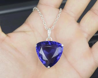 Natural Blue Tanzanite Pendant 30 Ct With Chain Trillion 925 Silver Gemstone Certified