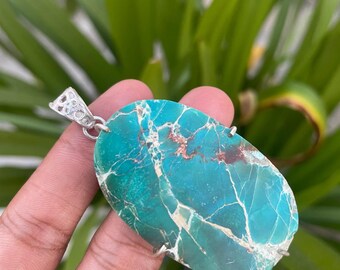 108.3 Ct+ Natural Handmade Turquoise Green Color OVAL CUT 925 Solid Silver Pendant Gemstone Beautiful!