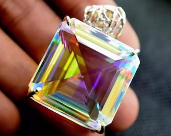 96.00 Ct Natural Mystic Topaz Asscher Cut 925 Solid Silver Pendant Certified Loose Gemstone Rainbow