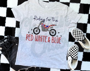 Camiseta de motocross con los colores rojo, blanco y azul: Camiseta para el día de la carrera de motos, motos de cross, a cuadros, motocross, Cuatro de Julio