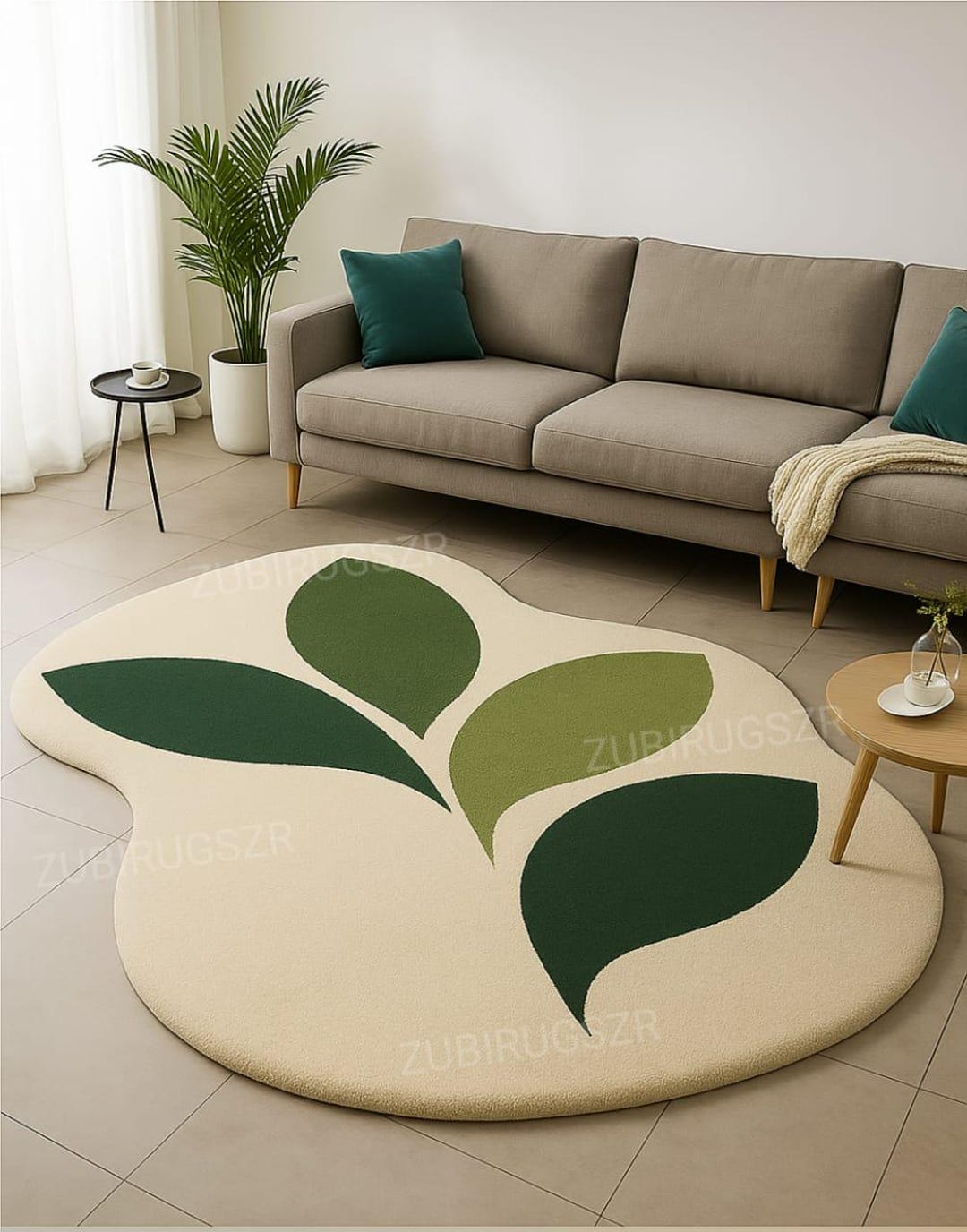 Abstract Leaf Pattern Area Rug Modern Leaf Pattern Area Rug, Cream With Green Leaves Design, Abstract ...
