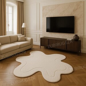 Modern Irregular Shaped White Rug-- Hand Tufted Blob Carpet Soft Aesthetic Area Rug for Bedroom or Living Room Decor Abstract Neutral Rug