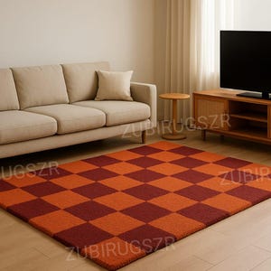Checkered Area Rug, Orange and Burgundy Square Pattern, Modern Living Room Carpet Living Room Hand-Tufted Home Decor | Fluffy