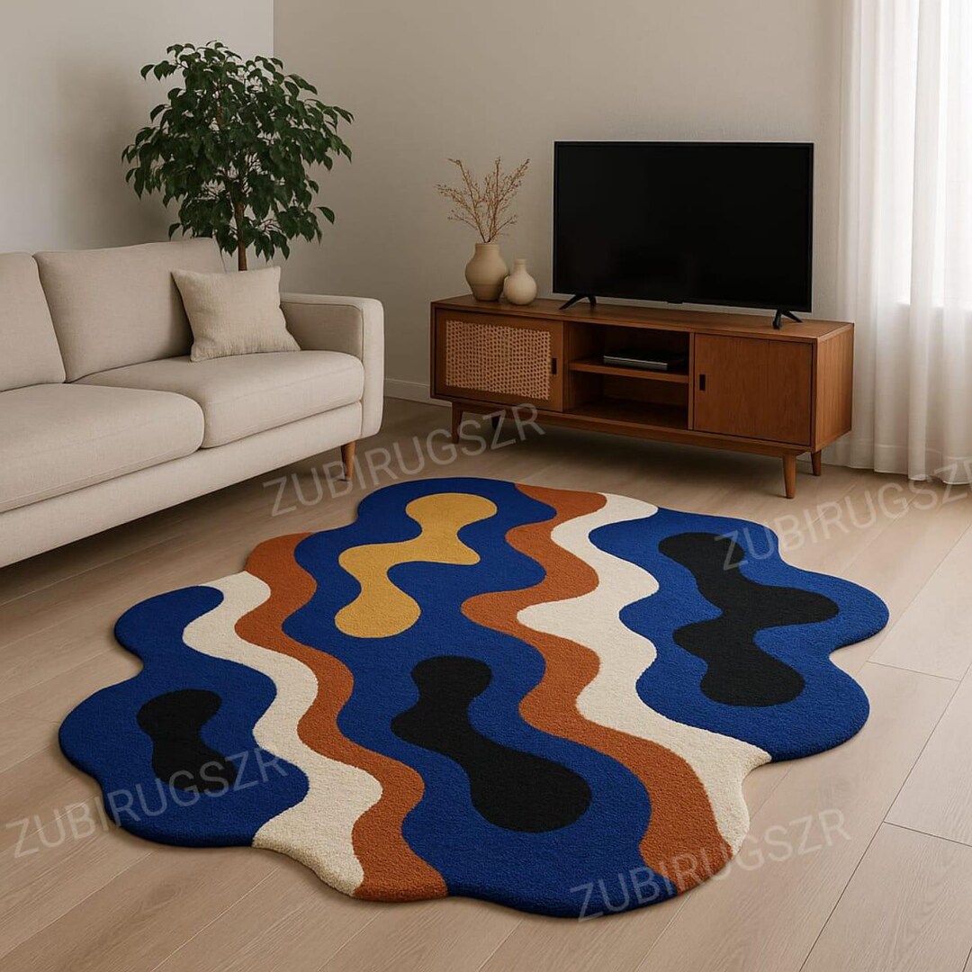 Multi Color Wave Irregular Shape Hand Tufted 100% Wool Area Rugs for ...
