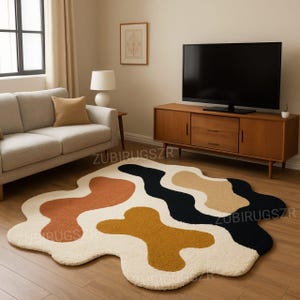 Curved Pattern, Cream with Earth Tones, Living Room Carpet Modern Abstract Area Rug, Hand-Tufted Home Decor