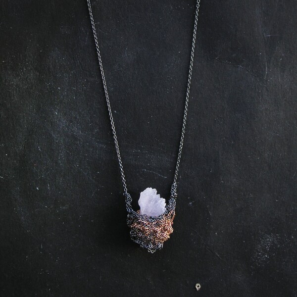 rose quartz cluster crochet necklace, oxidized sterling silver, rose goldfilled, handmade