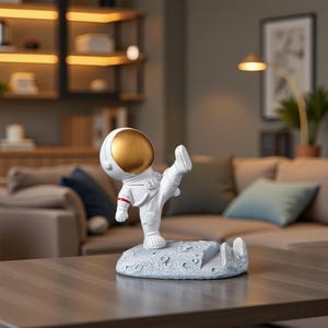 Könnte beinhalten: Eine weiße Astronautenfigur mit goldenem Helm und roten Akzenten, in einer Kick-Pose. Die Figur ist auf einer Mondoberfläche befestigt, die zur Aufnahme eines Telefons dient. Der Hintergrund zeigt ein Wohnzimmer.
