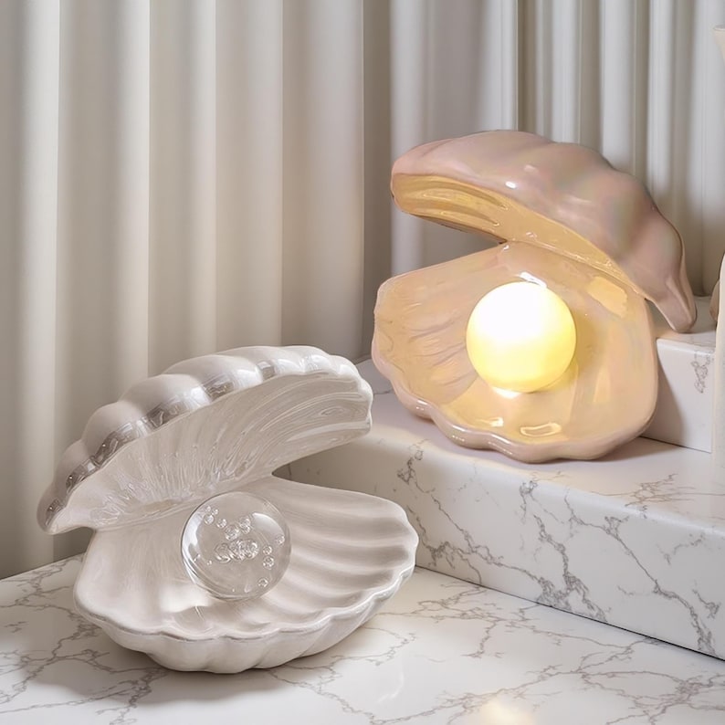 Ceramic Shell Night Light: Pearl Bedside Lamp & Jewelry Holder