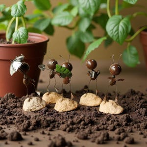 Op de afbeelding: Een grillige tuinscène met vijf metalen mierenbeeldjes, elk met een uniek accessoire. Eén houdt een paraplu vast, een ander een schop en een derde draagt een blad. Ze staan op kleine, beige stenen, tegen een achtergrond van potplanten en aarde.