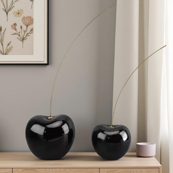 Modern Ceramic Cherry Sculpture: Gold Metal Stem, Luxury Home