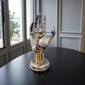May include: A silver and gold steampunk-style hand sculpture with intricate mechanical details. The hand is posed open, mounted on a circular base. The sculpture is approximately 25 cm tall. The sculpture is on a black table.