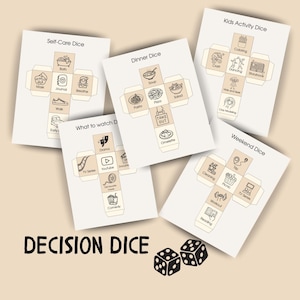 Printable Decision Dice Bundle – 5 DIY Cubes: Self-Care, Dinner, Weekend, Kids Activities, What to Watch | Instant Download PDF