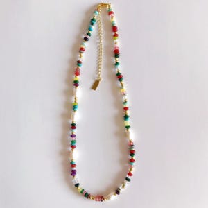 Colorful Gemstone Beaded Necklace with Freshwater Pearls – Dopamine Jewelry, Glass Beads, Summer Choker for Women