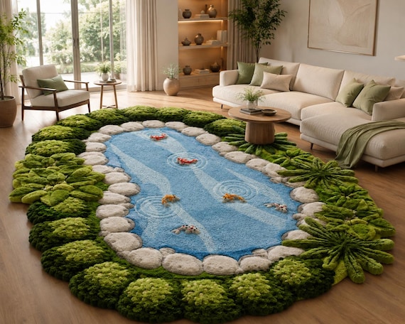 Hand-Tufted New Zealand Wool Koi Pond Rug – Organic Sculptural Fish Rug – Moss Green & Sky Blue Biophilic Area Rug – 3D Pond Carpet