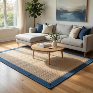 Blue Border Jute Rug | Rectangular Natural Beige Handwoven Jute Area Rug | Modern Coastal Minimalist Rug - Loom Mantra