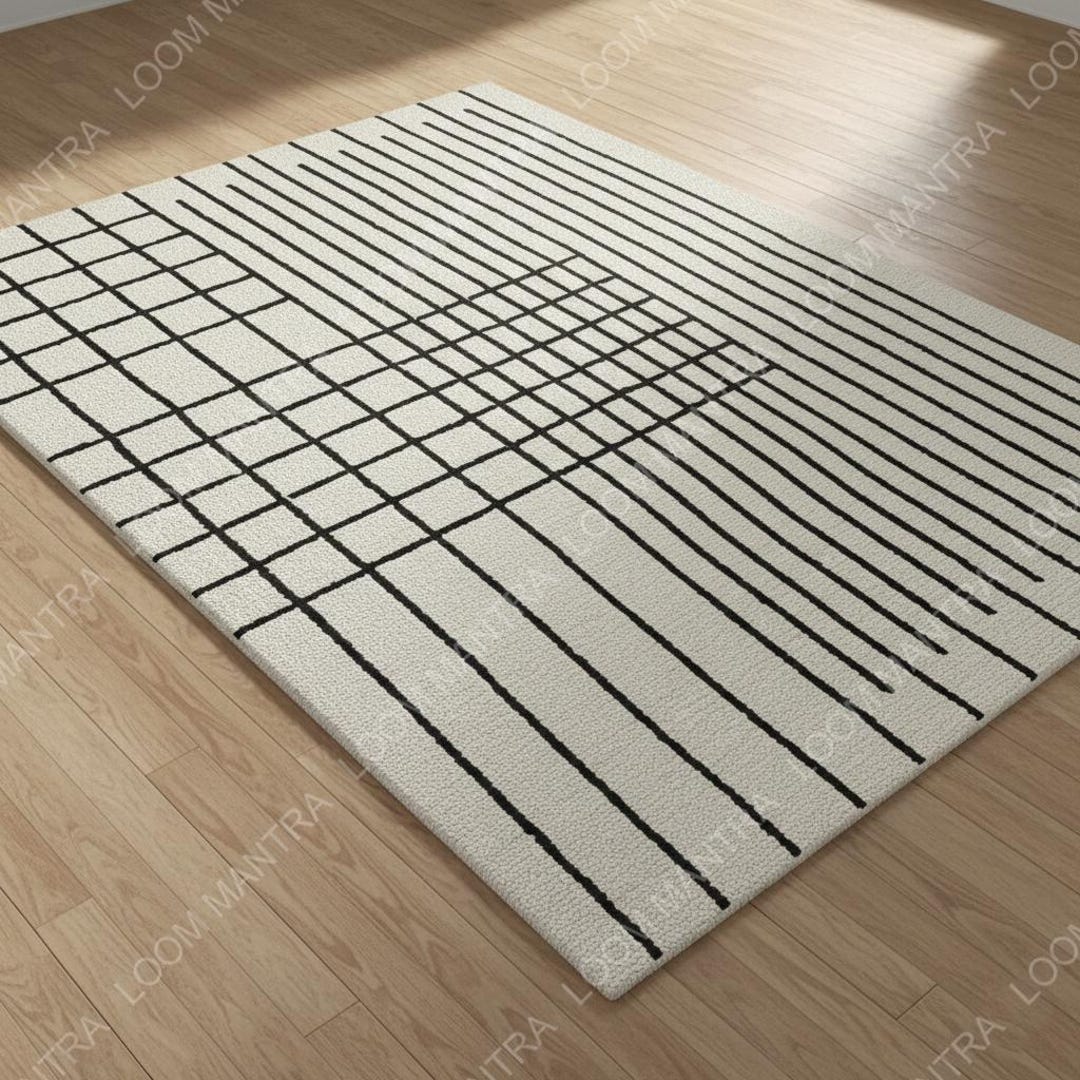 Horizontal Line Rug Hand Tufted Wool Rug Black White Geometric Lines Area Rug Modern ...