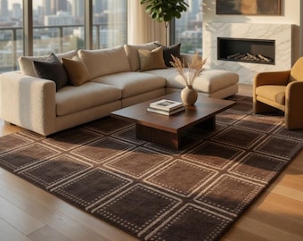 Modern geometrisch wollen vloerkleed | Bruin handgetuft vloerkleed met ruitpatroon | Neutraal vloerkleed in chocoladebruine beige tint | Groot vloerkleed voor woonkamer en slaapkamer