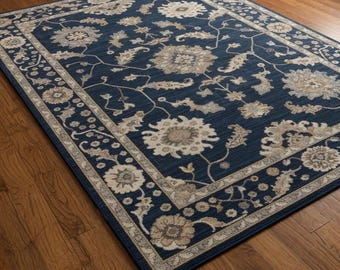 Persian Rug | Hand Tufted Navy Blue Floral Wool Area Rug | Vintage Traditional Oriental Rug | Living Room Bedroom - Loom Mantra