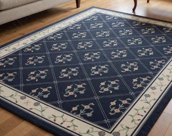 8x10 Persian Rug | Hand Tufted Navy Blue Floral Lattice Wool Area Rug | Vintage Traditional Oriental Rug | Living Room Bedroom