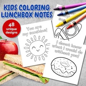 Peut inclure: Ensemble de notes de coloriage pour enfants avec 48 motifs uniques. L'image comprend une pomme rouge, des sandwichs et des crayons de couleur. Les notes présentent des illustrations amusantes et des phrases comme "You are my sunshine !" et "I donut know what I would do without you !"
