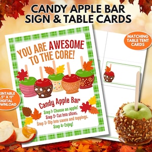 Può includere: Un download digitale stampabile con un cartello "Candy Apple Bar" e segnaposto. Il cartello ha un bordo a scacchi verde e bianco e il testo "You are awesome to the core!" con istruzioni per fare le mele caramellate.