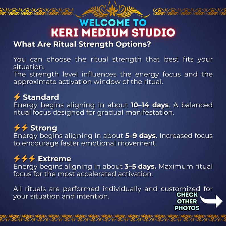 May include: A navy blue graphic with gold accents and the text "WELCOME TO KERI MEDIUM STUDIO." The text describes ritual strength options, including Standard, Strong, and Extreme, with details on energy alignment and focus.