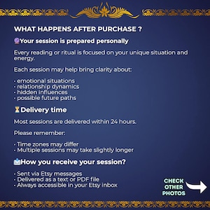 May include: A navy blue graphic with gold decorative elements and white text. The text describes the process after purchase, including session preparation, delivery time, and how the session is received via Etsy messages or PDF.
