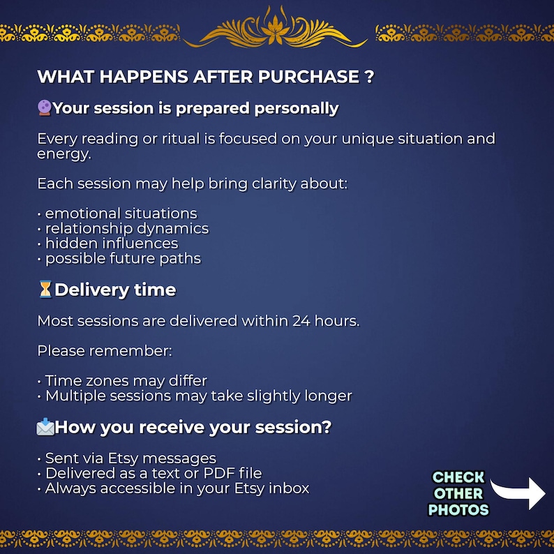 May include: A navy blue graphic with gold decorative elements and white text. The text describes the process after purchase, including session preparation, delivery time, and how the session is received via Etsy messages or PDF.