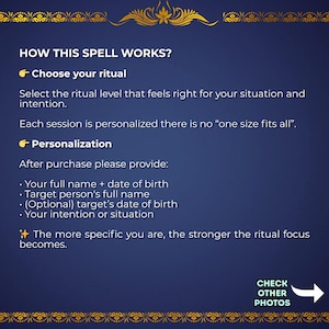May include: A navy blue graphic with gold accents and text explaining how a spell works. The text includes steps for choosing a ritual, personalization details, and a call to check other photos.