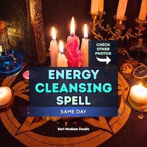 May include: A collection of lit white and pink candles arranged on a dark cloth featuring a star design. The image includes text that reads ENERGY CLEANSING SPELL, SAME DAY, Keri Medium Studio, and CHECK OTHER PHOTOS with an arrow icon.