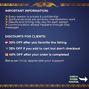 May include: A navy blue graphic with gold decorative elements and white text. The text includes "IMPORTANT INFORMATION" and "DISCOUNTS FOR CLIENTS". The image also states that communication happens through Etsy messages.