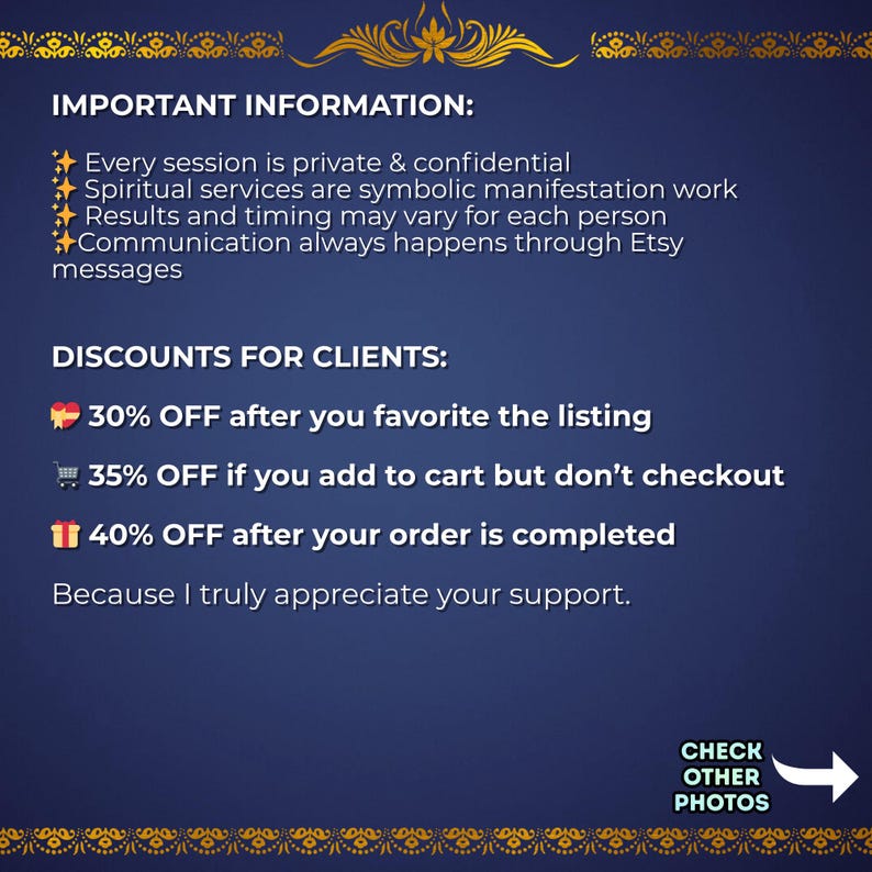 May include: A navy blue graphic with gold decorative elements and white text. The text includes "IMPORTANT INFORMATION" and "DISCOUNTS FOR CLIENTS". The image also states that communication happens through Etsy messages.