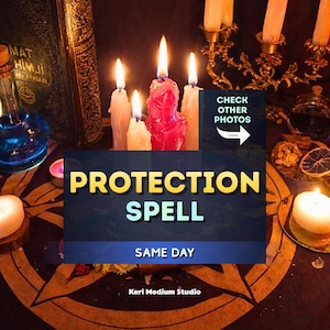 May include: A collection of lit white and pink candles arranged on a dark surface with a circular star pattern. The image features text that reads PROTECTION SPELL, SAME DAY, KERI MEDIUM STUDIO, and CHECK OTHER PHOTOS with an arrow icon.