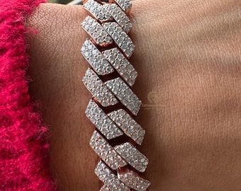 Bracelet homme à maillons cubains serti de diamants, bracelet hip-hop bling en or rose, bijou rappeur en moissanite épaisse, bracelet de luxe à offrir.