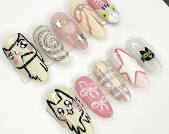Handmade Kawaii Press On Nails: Cat, Dog, Bow & Plaid Design
