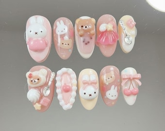 Kawaii 3D Press On Nails with Bunny & Bear Design - Pastel Nail Art
