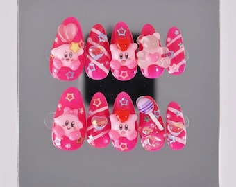 Pink Kirby Kawaii Press On Nails, Cute 3D Anime Nail Set, Handmade Glossy Gel Nails, Custom Size