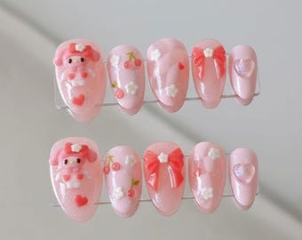 Pink My Melody Press On Nails Cute Kawaii Cherry Bow Handmade Gel Nails