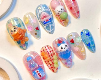 Handmade Kawaii Summer Festival Press On Nails | Ramune, Dango & Shaved Ice Charms | Cute Pastel Japanese Nail Set